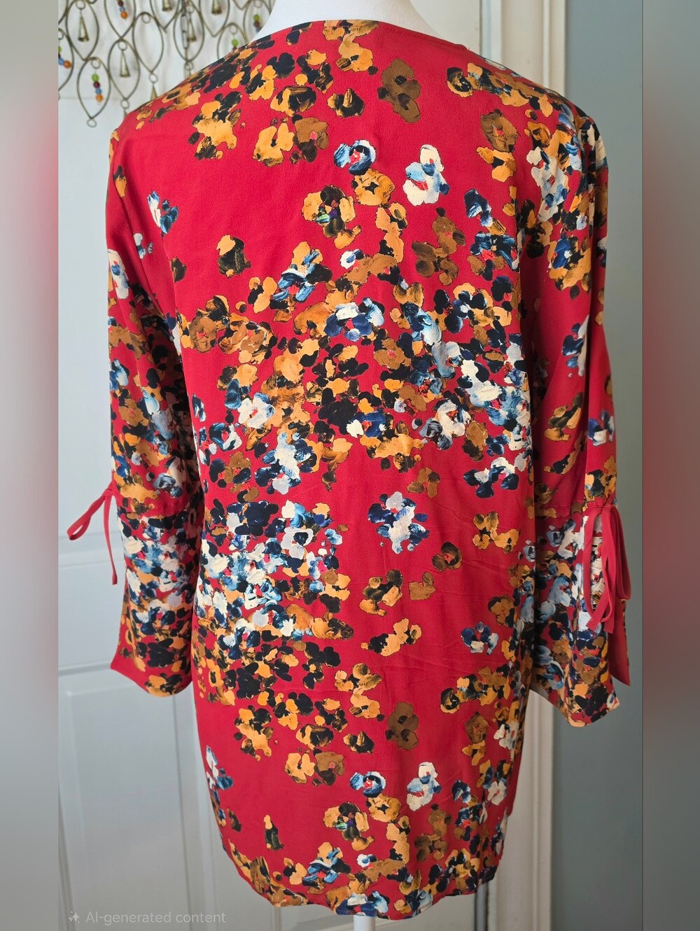 Lafayette 148 New York Sela Floral Print Silk Blouse Womens S Red 3/4 Bell Sleev - Picture 4 of 12